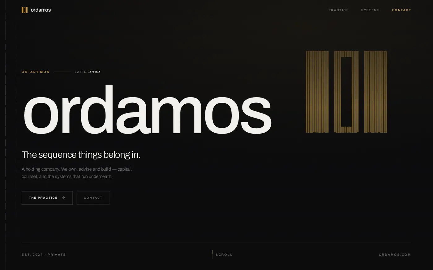 The Ordamos homepage: the wordmark set large beside its brass three-bar mark.